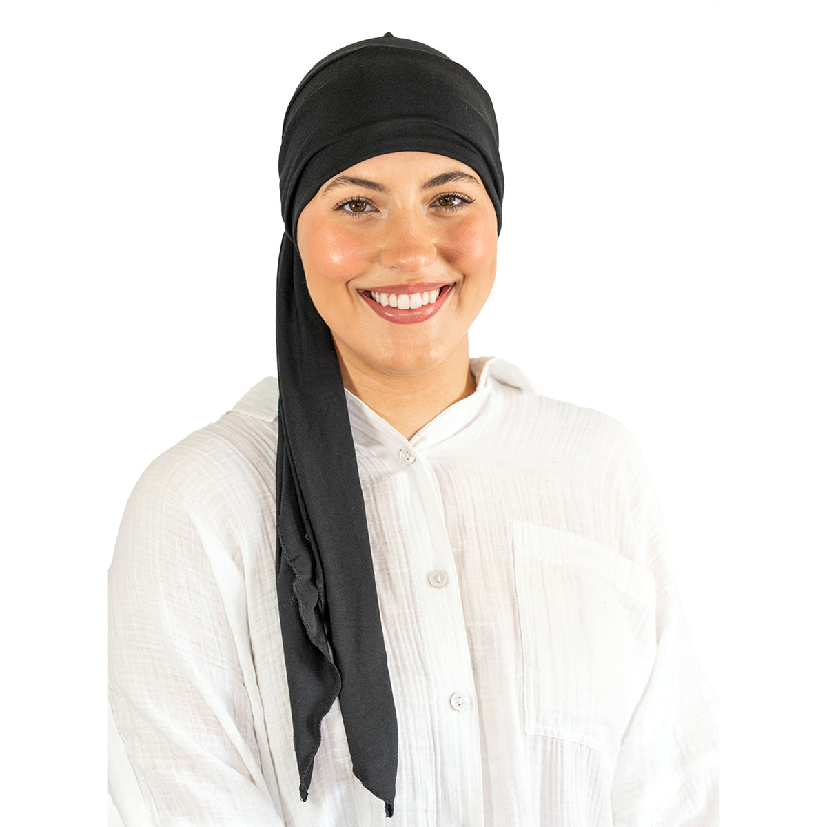 Woman wearing a black headscarf on a white background