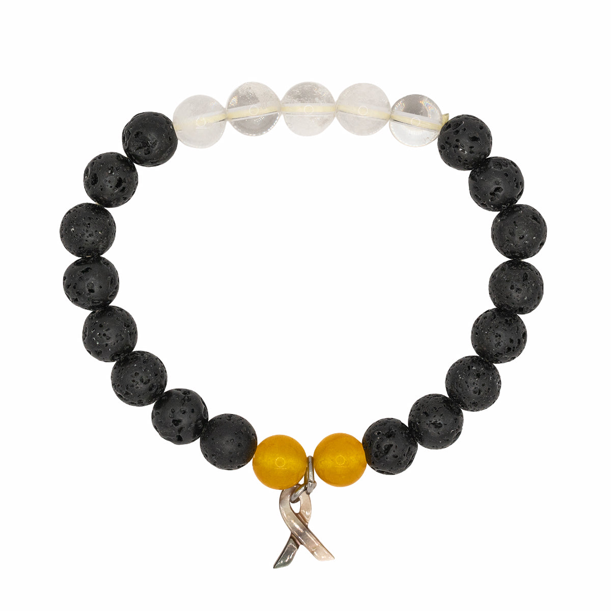 Black beaded bracelet with a yellow bead and silver ribbon charm on a white background