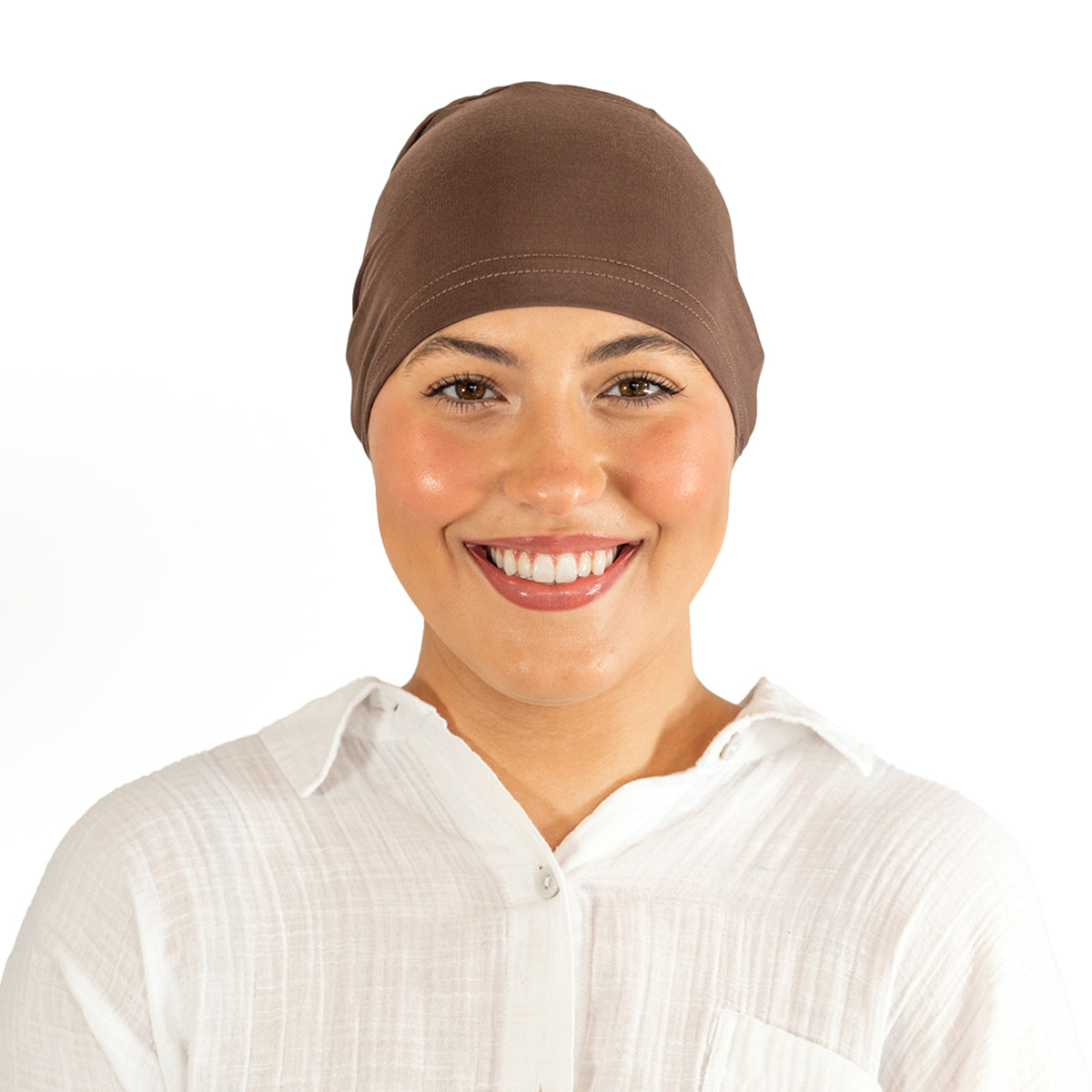 Woman wearing a brown headscarf on a white background