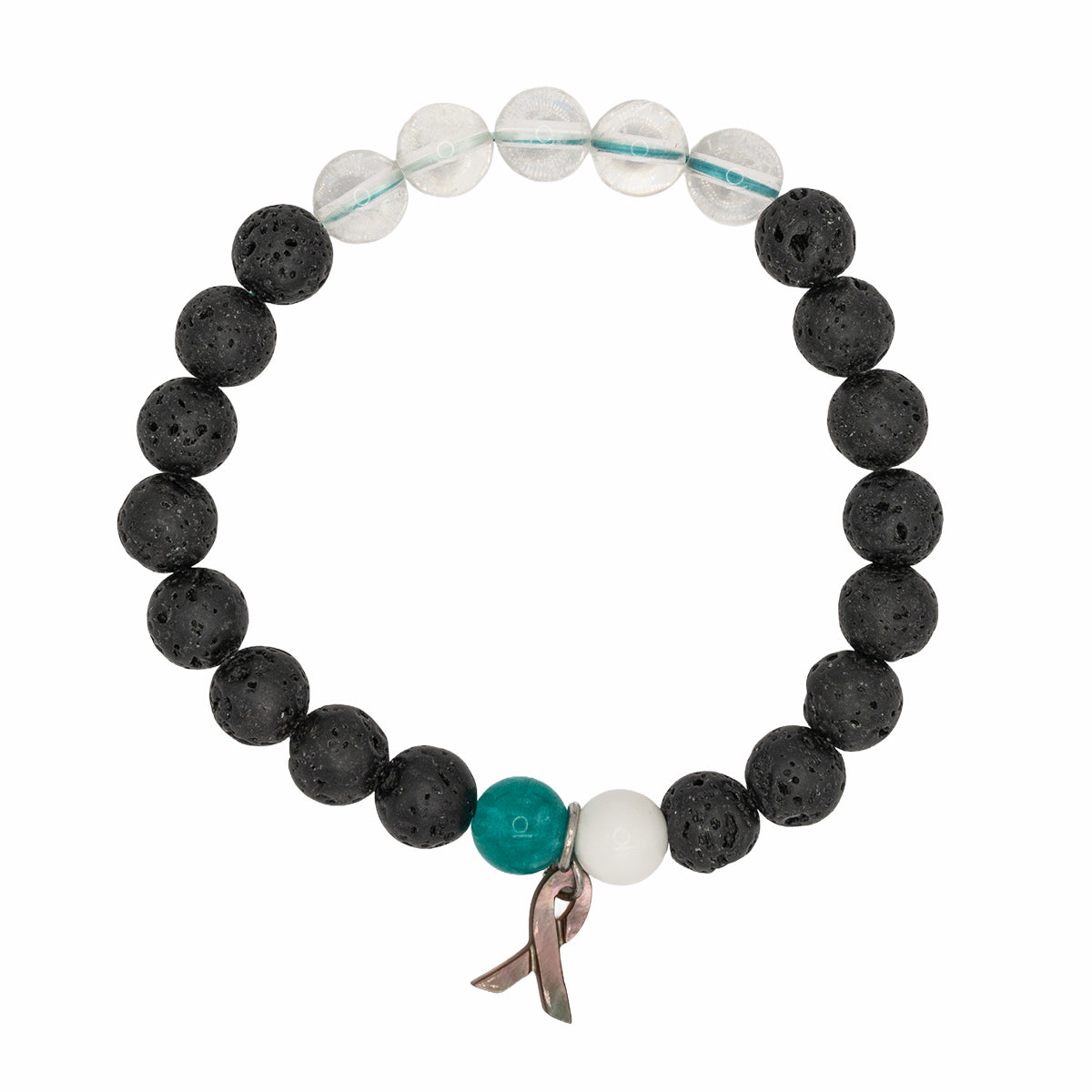 Black beaded bracelet with a teal bead and pink ribbon charm on a white background