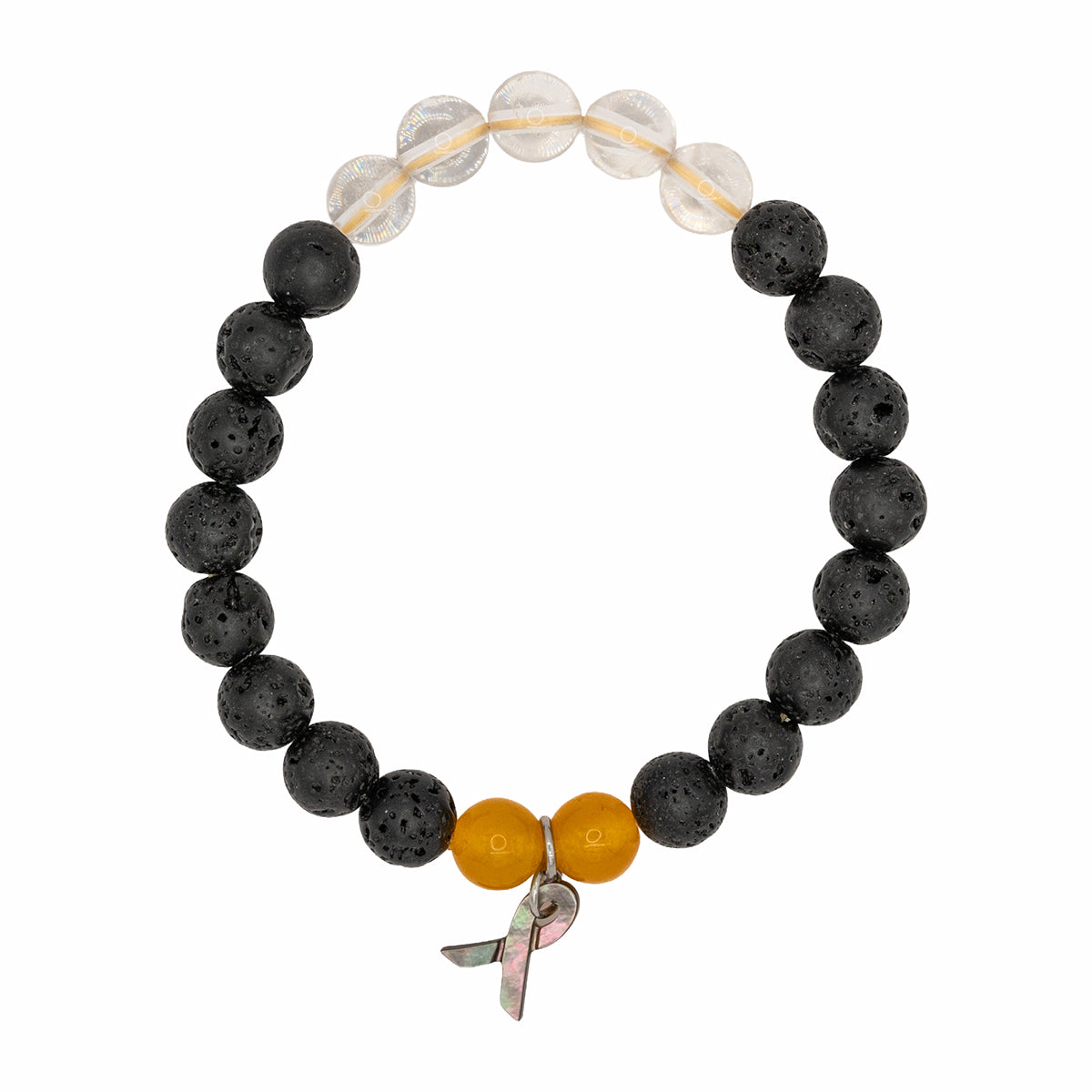 Black beaded bracelet with a yellow bead and silver charm on a white background