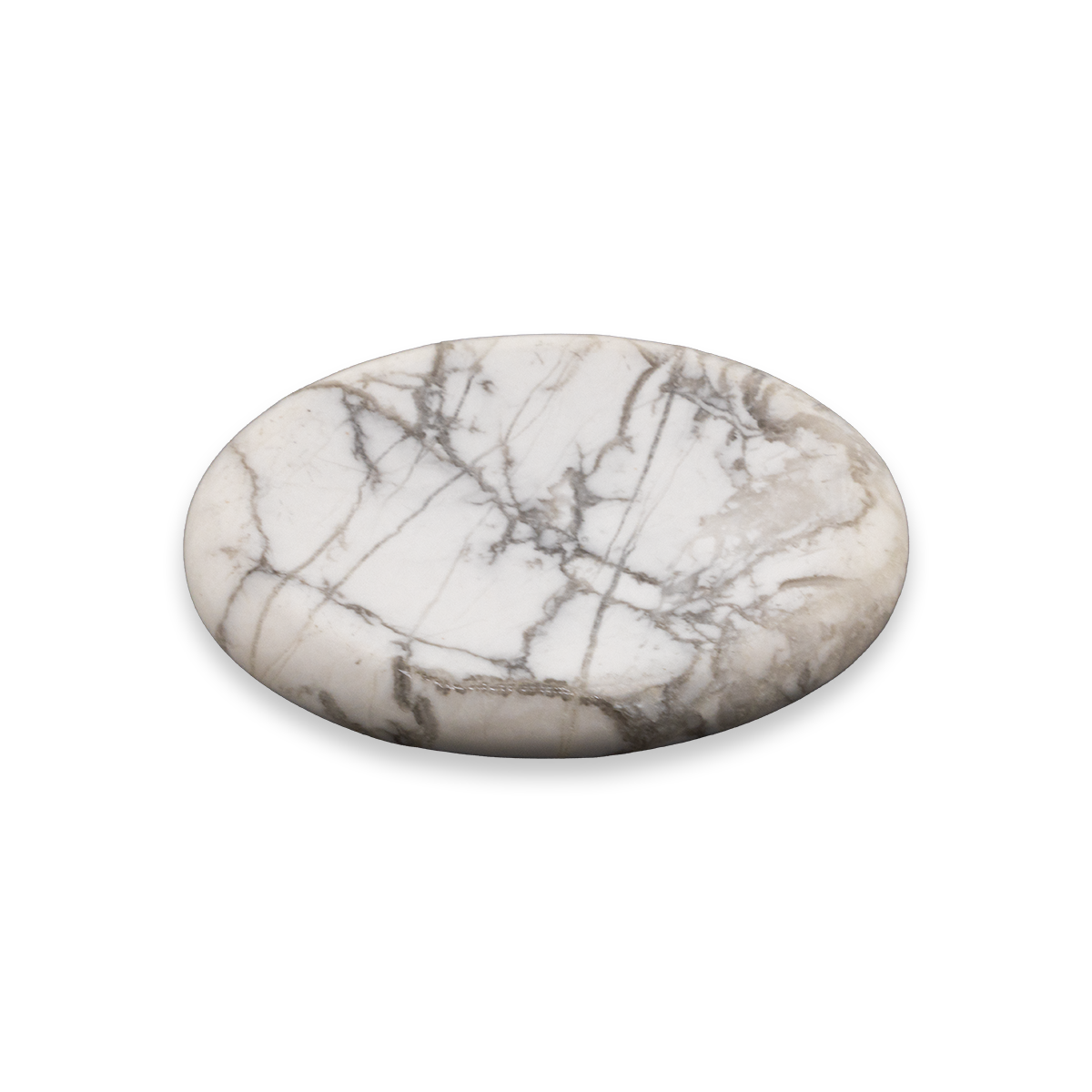 Round marble coaster with gray and white pattern on a white background