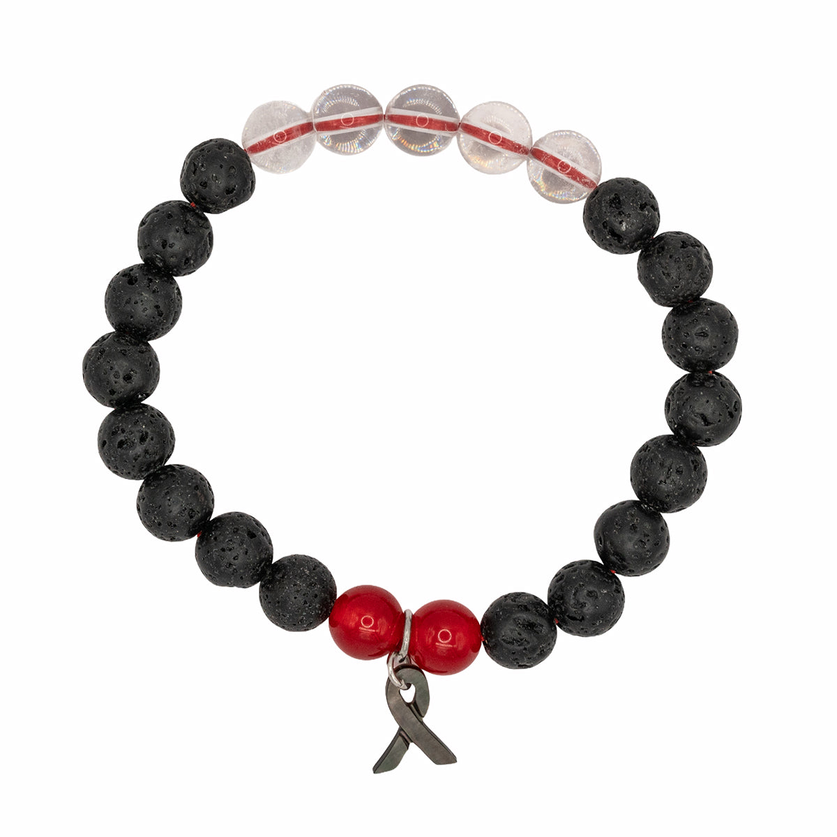 Black beaded bracelet with red and silver elements on a white background