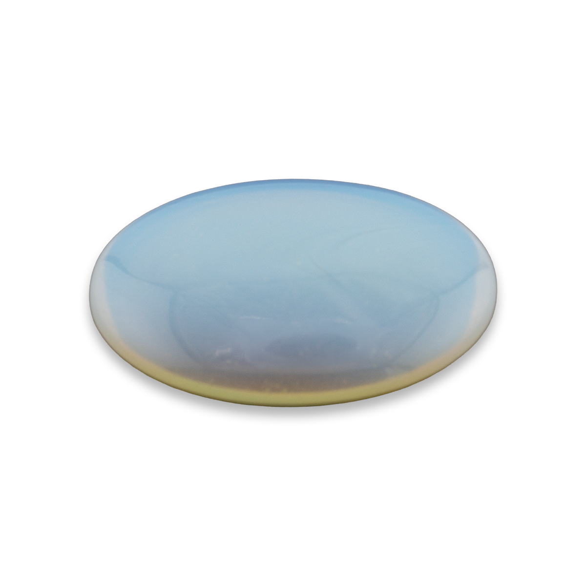 Round, light blue stone on a white background