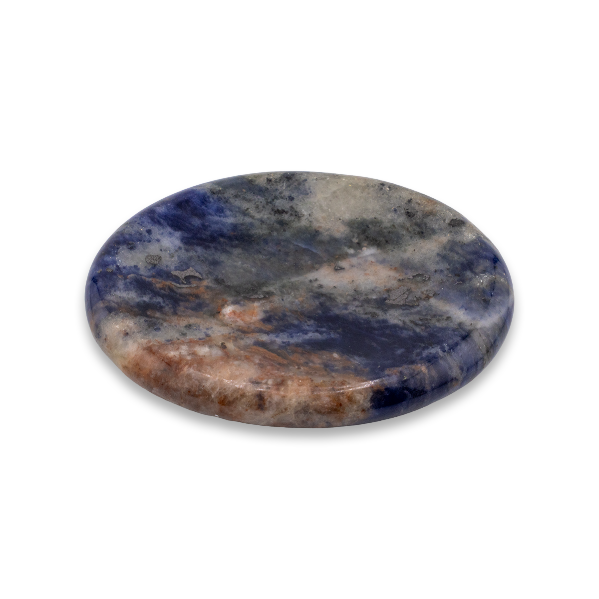Round stone coaster with blue and brown marbled pattern on a white background