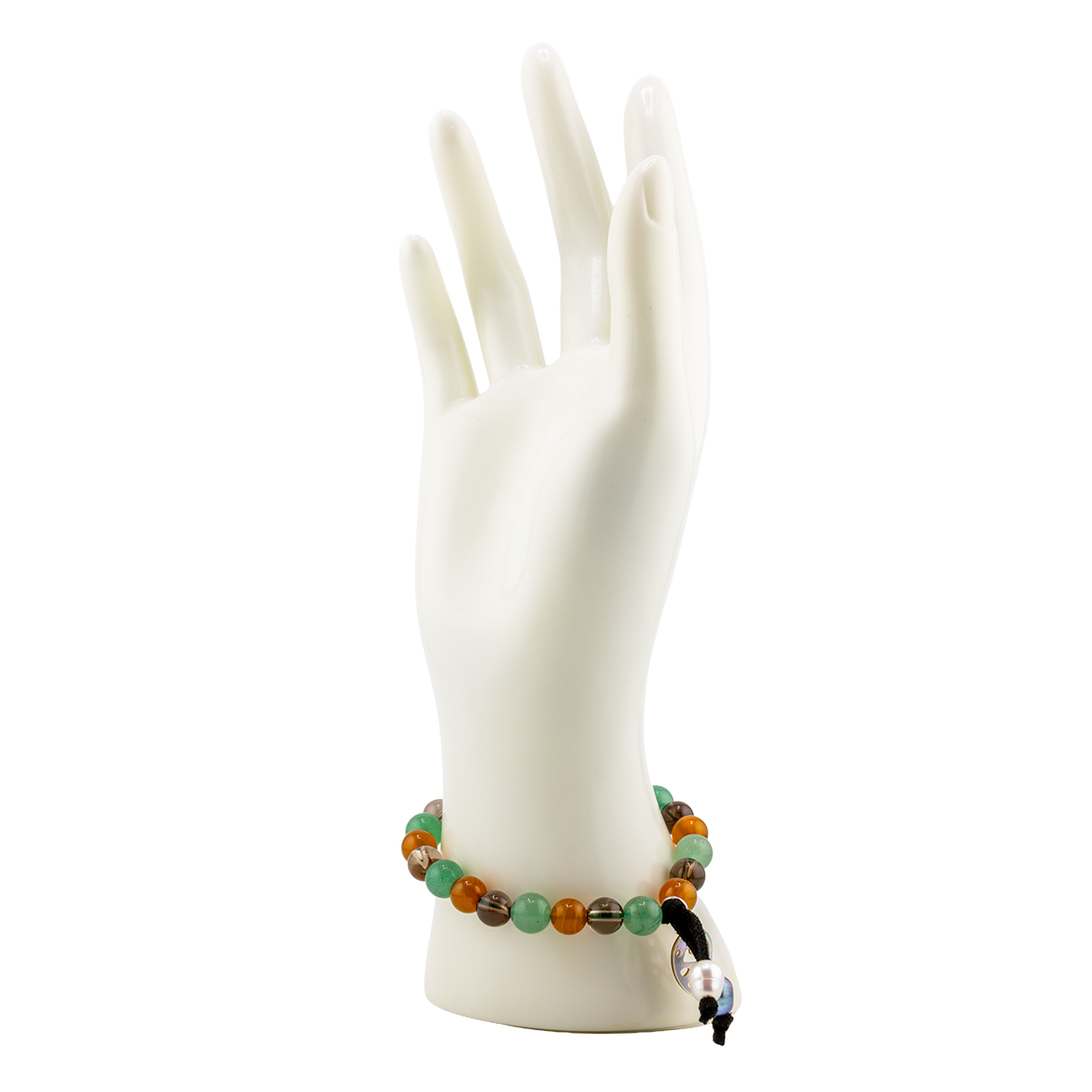 Beaded bracelet on a white mannequin hand against a white background