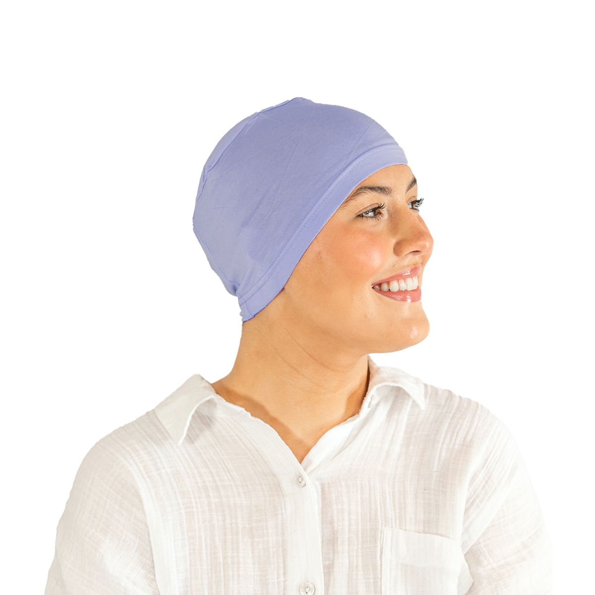 Woman wearing a light purple headscarf on a white background