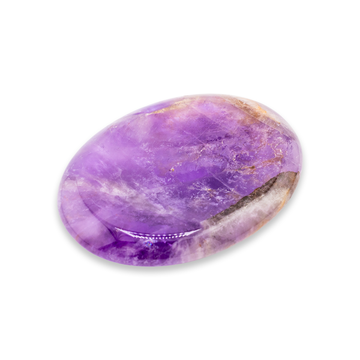 Oval-shaped purple stone with marbled pattern on a white background