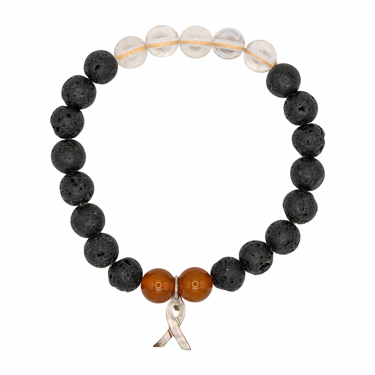 Black and brown beaded bracelet with a silver charm on a white background