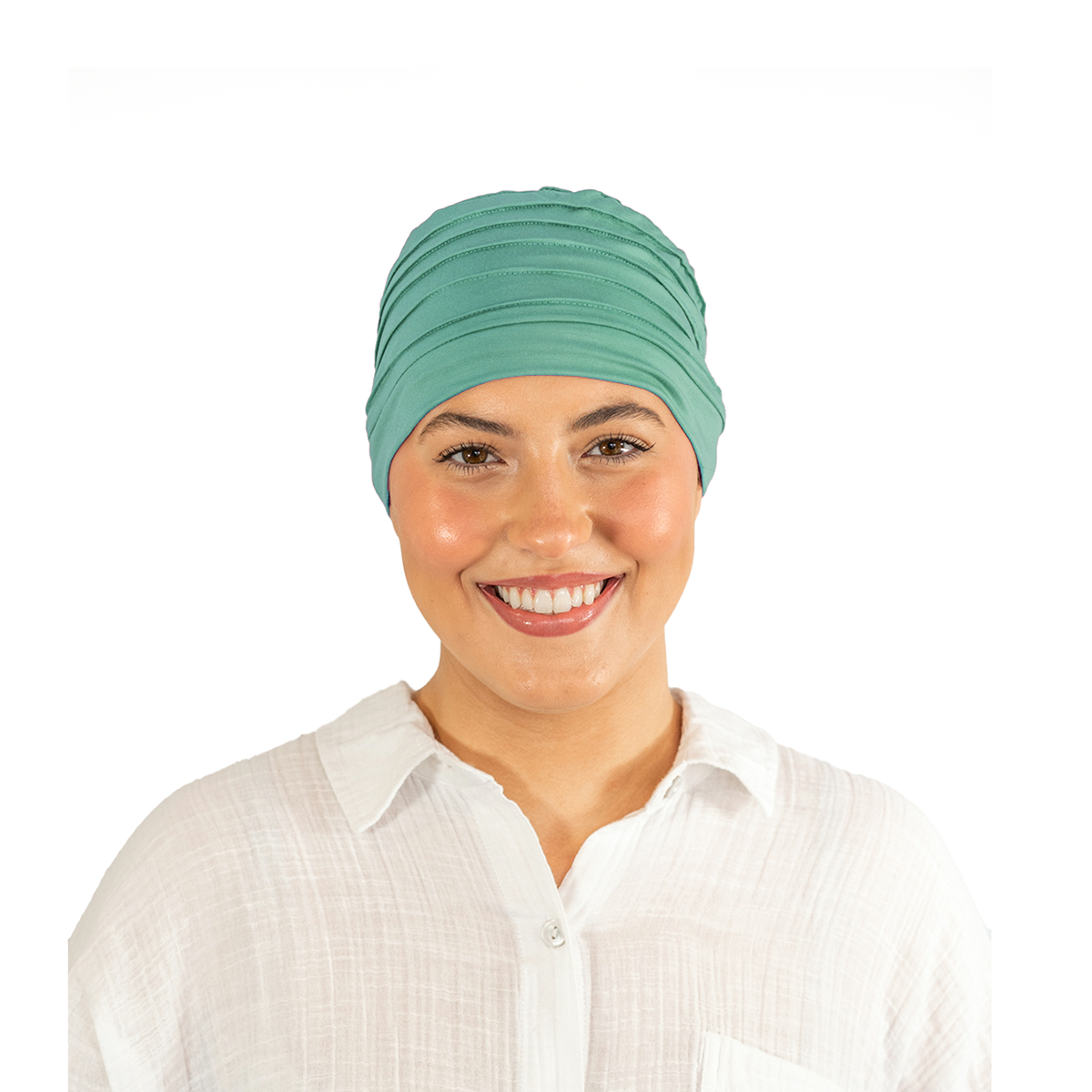 Woman wearing a green headscarf on a white background
