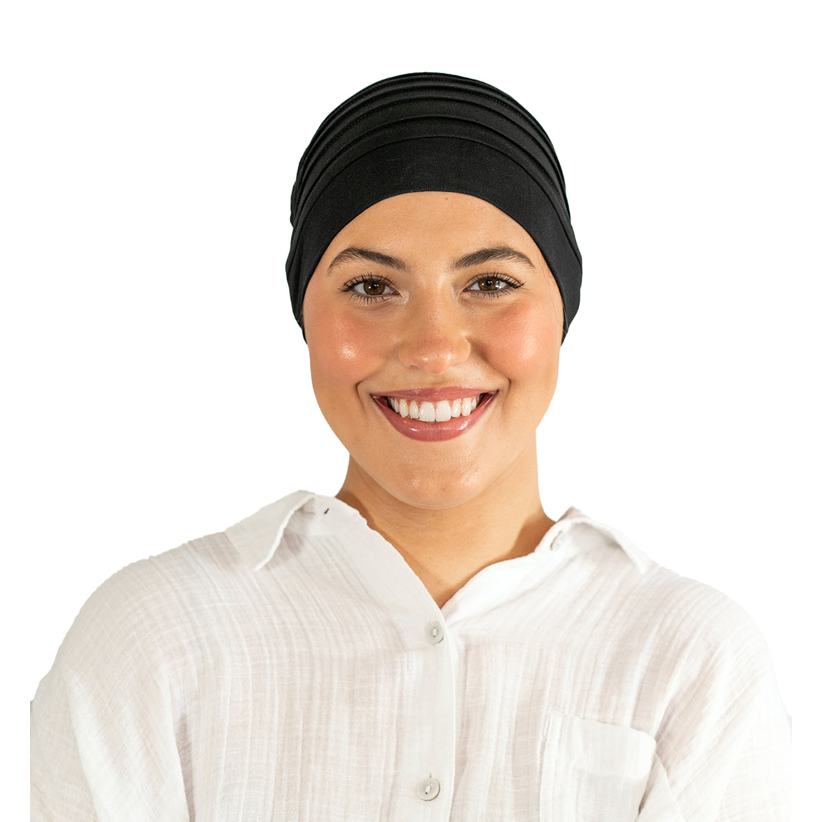 Woman wearing a black headscarf and white shirt on a white background