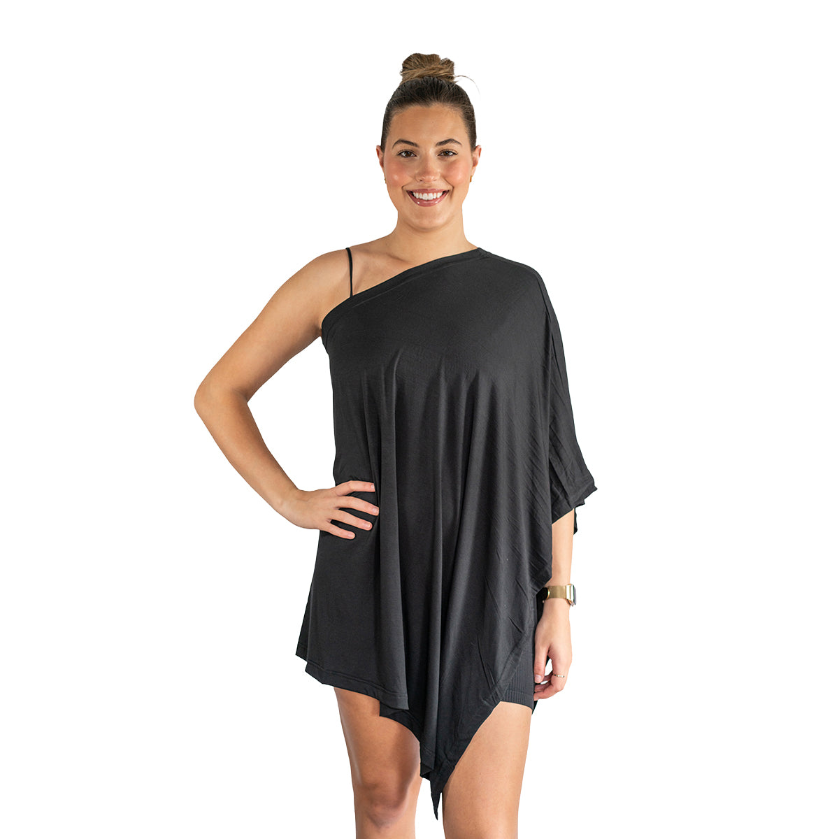 Woman wearing a black one-shoulder dress on a white background