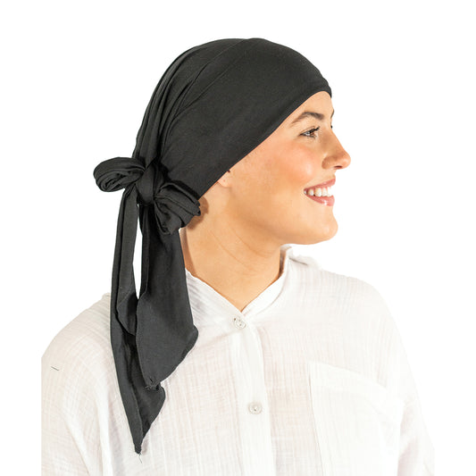 Woman wearing a black headscarf on a white background