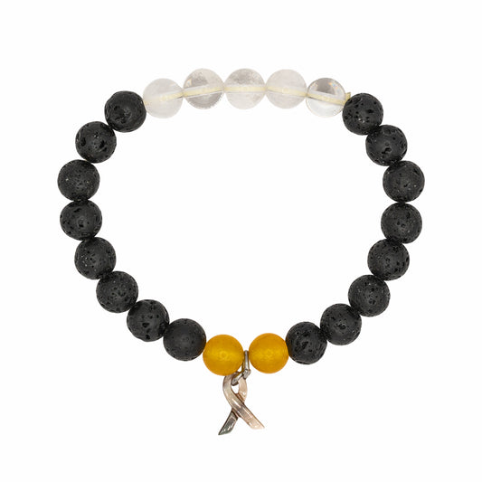 Black beaded bracelet with a yellow bead and silver charm on a white background