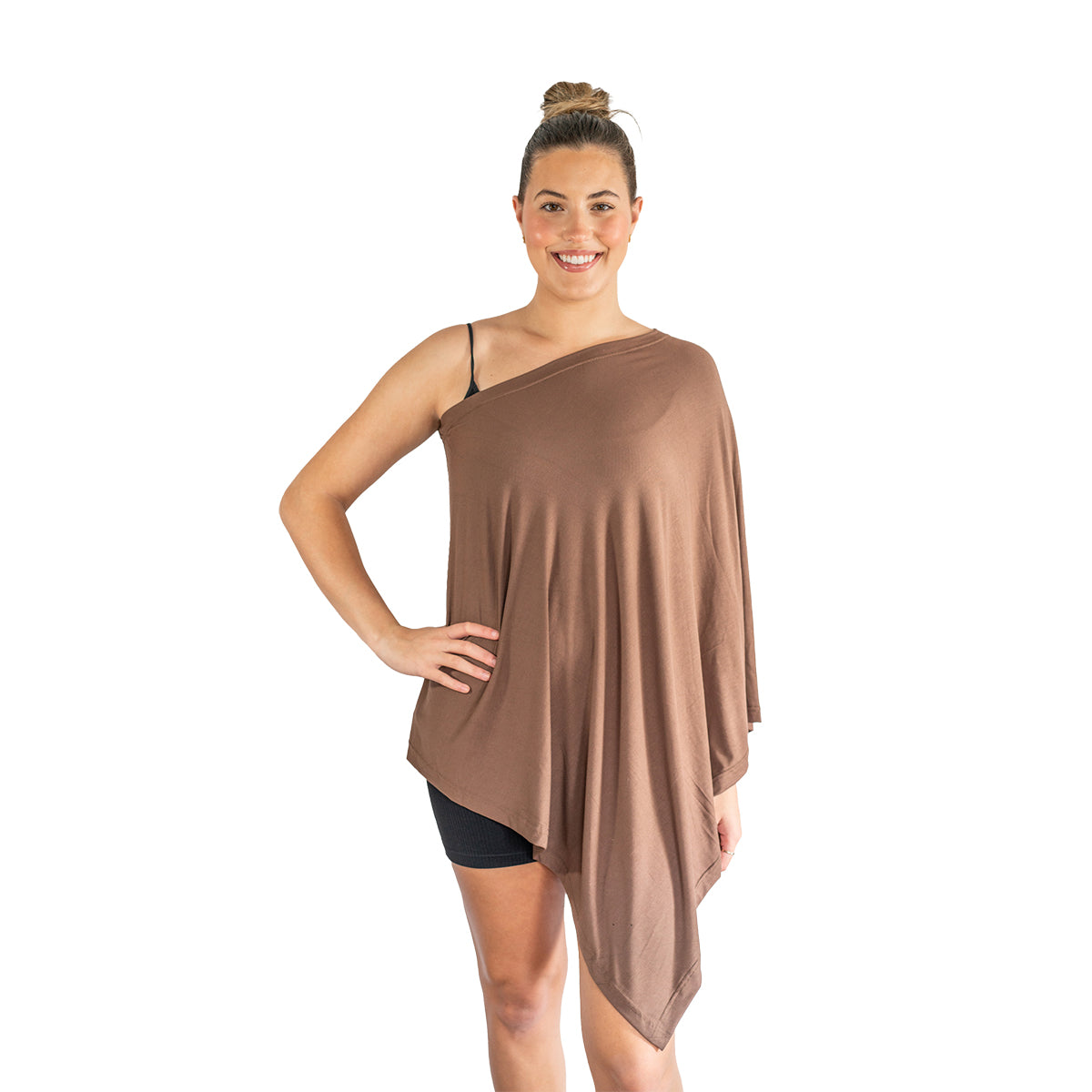 Woman wearing a brown one-shoulder top on a white background