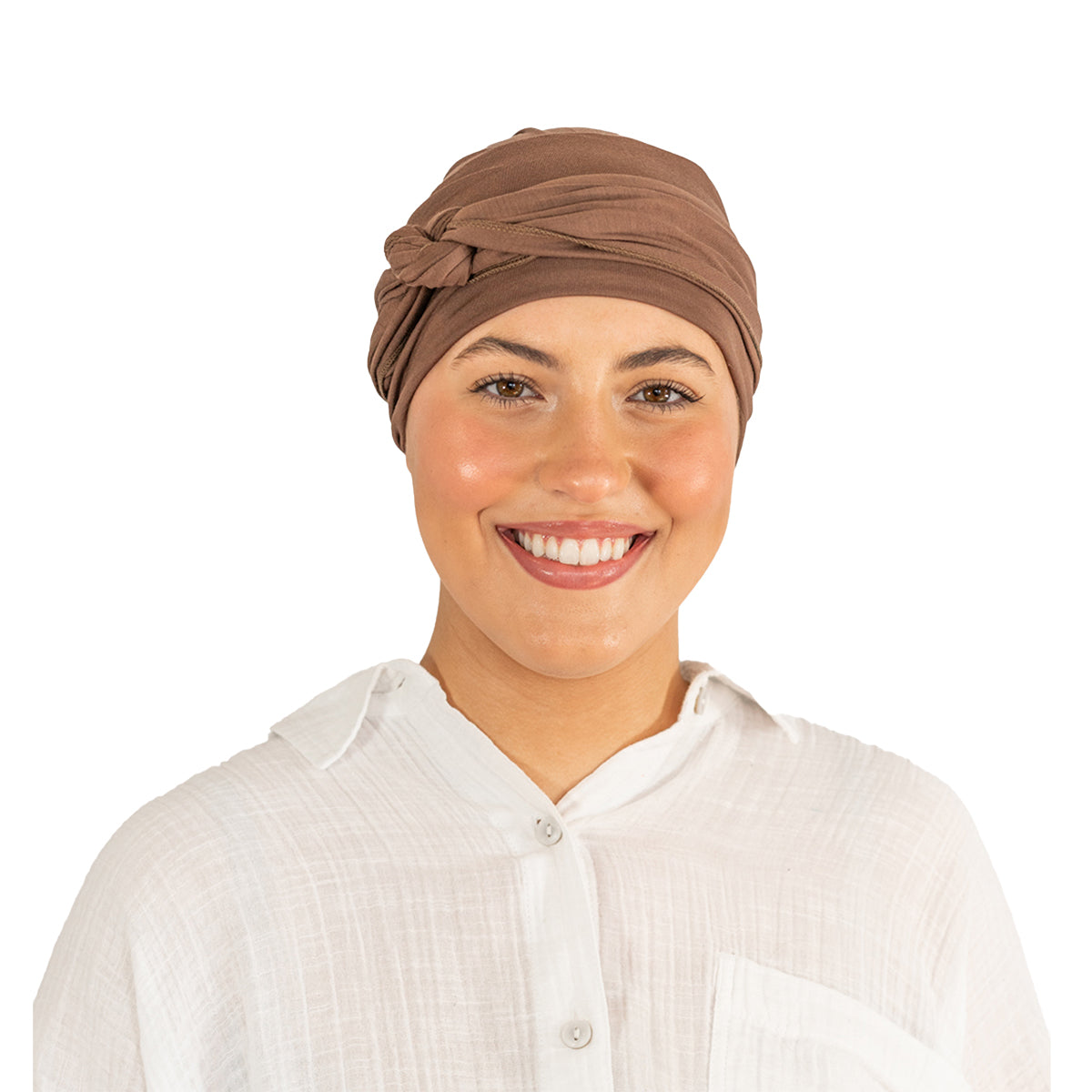 Woman wearing a brown headscarf on a white background