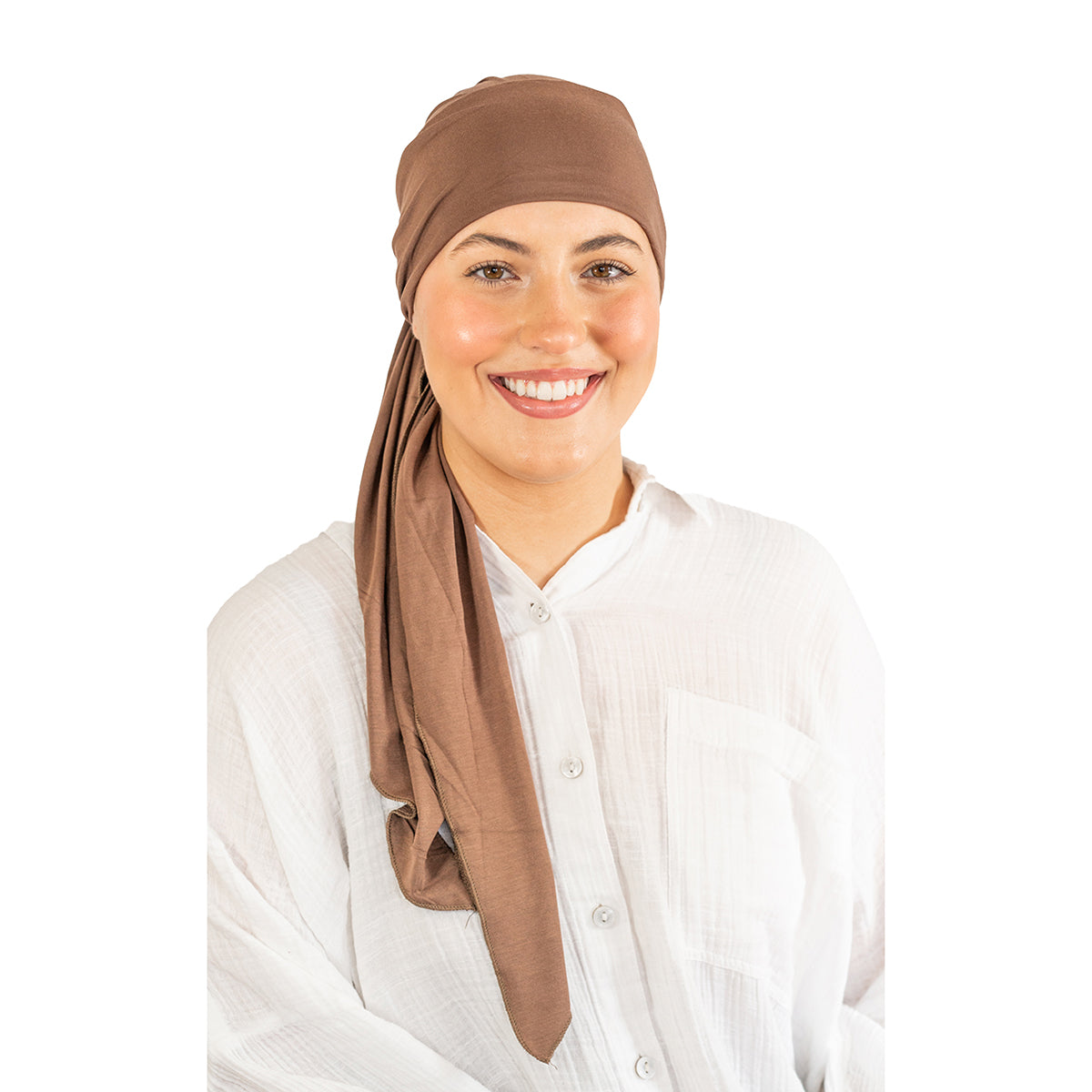 Woman wearing a brown headscarf on a white background