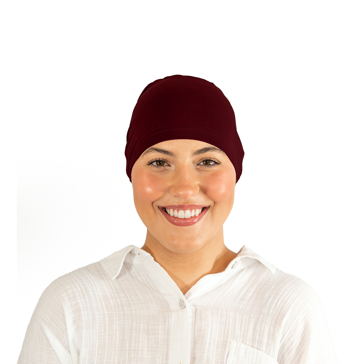 Person wearing a burgundy headscarf on a white background