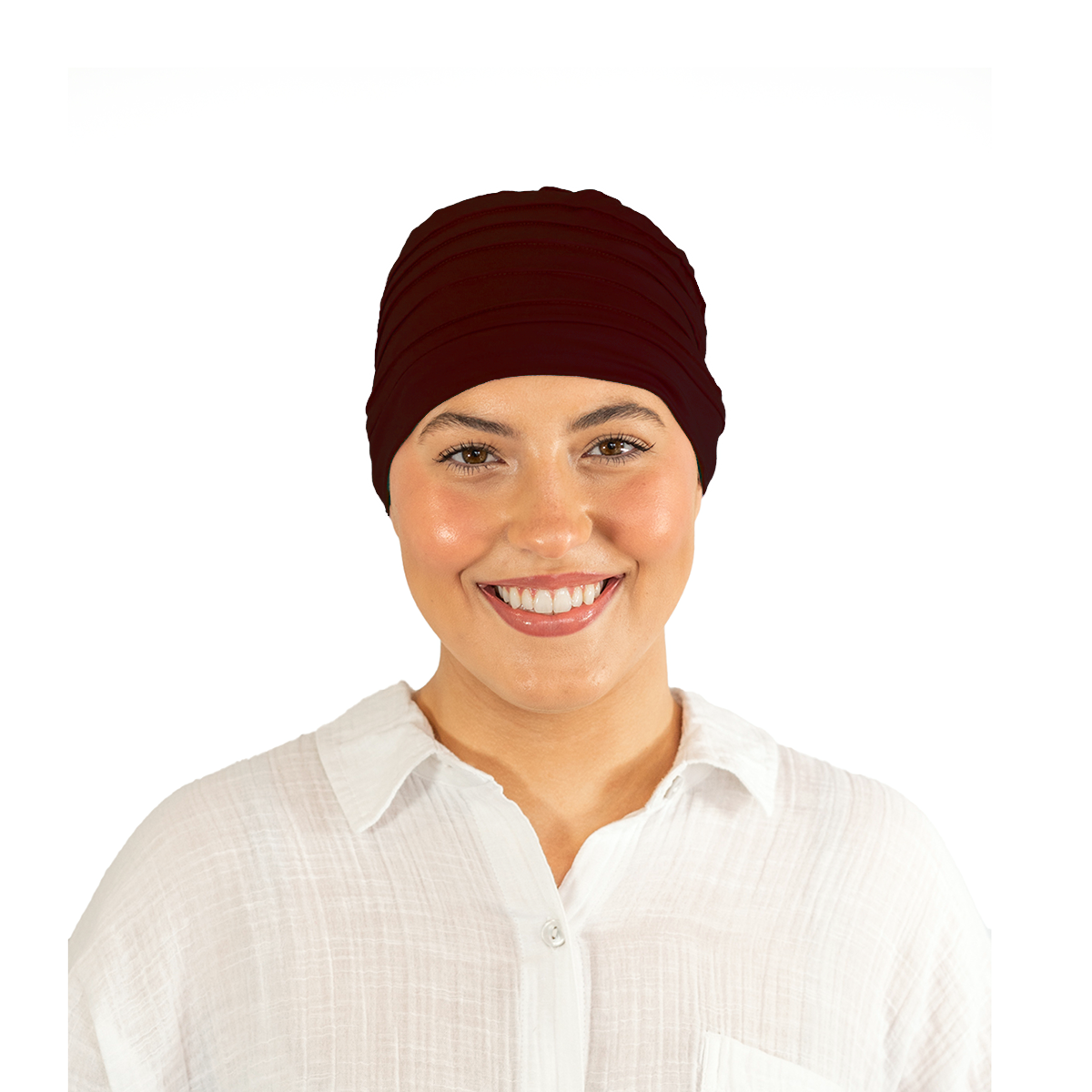 Woman wearing a dark red headscarf on a white background