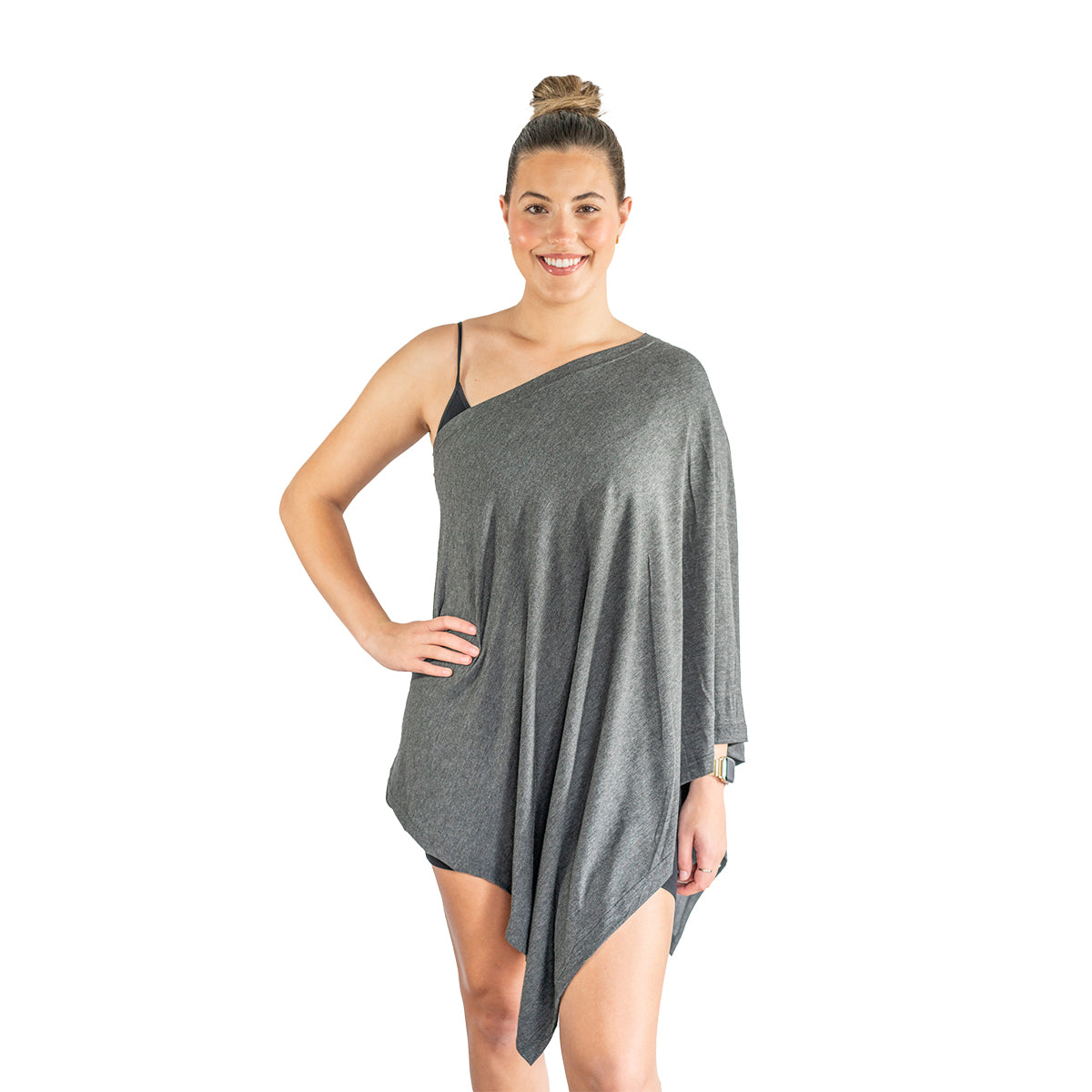 Woman wearing a gray one-shoulder dress on a white background