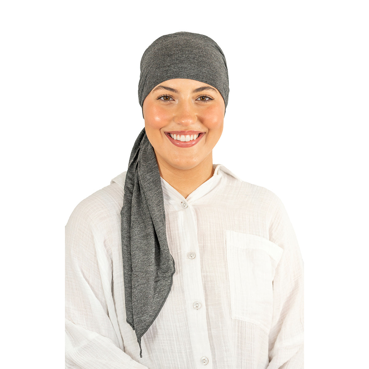 Person wearing a gray headscarf and white shirt on a white background