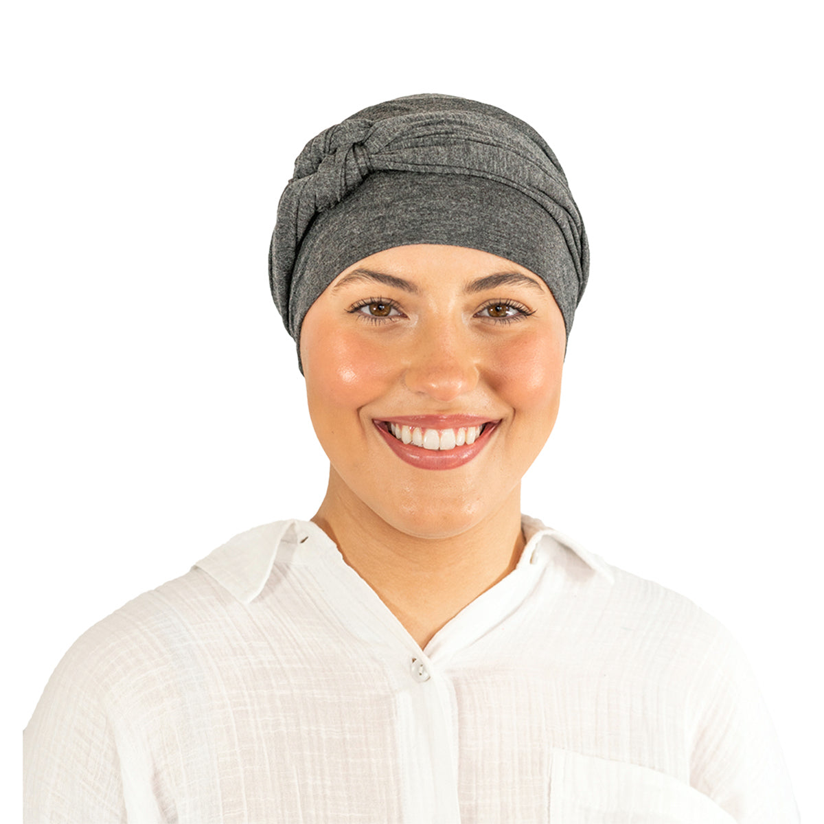 Woman wearing a gray headscarf on a white background