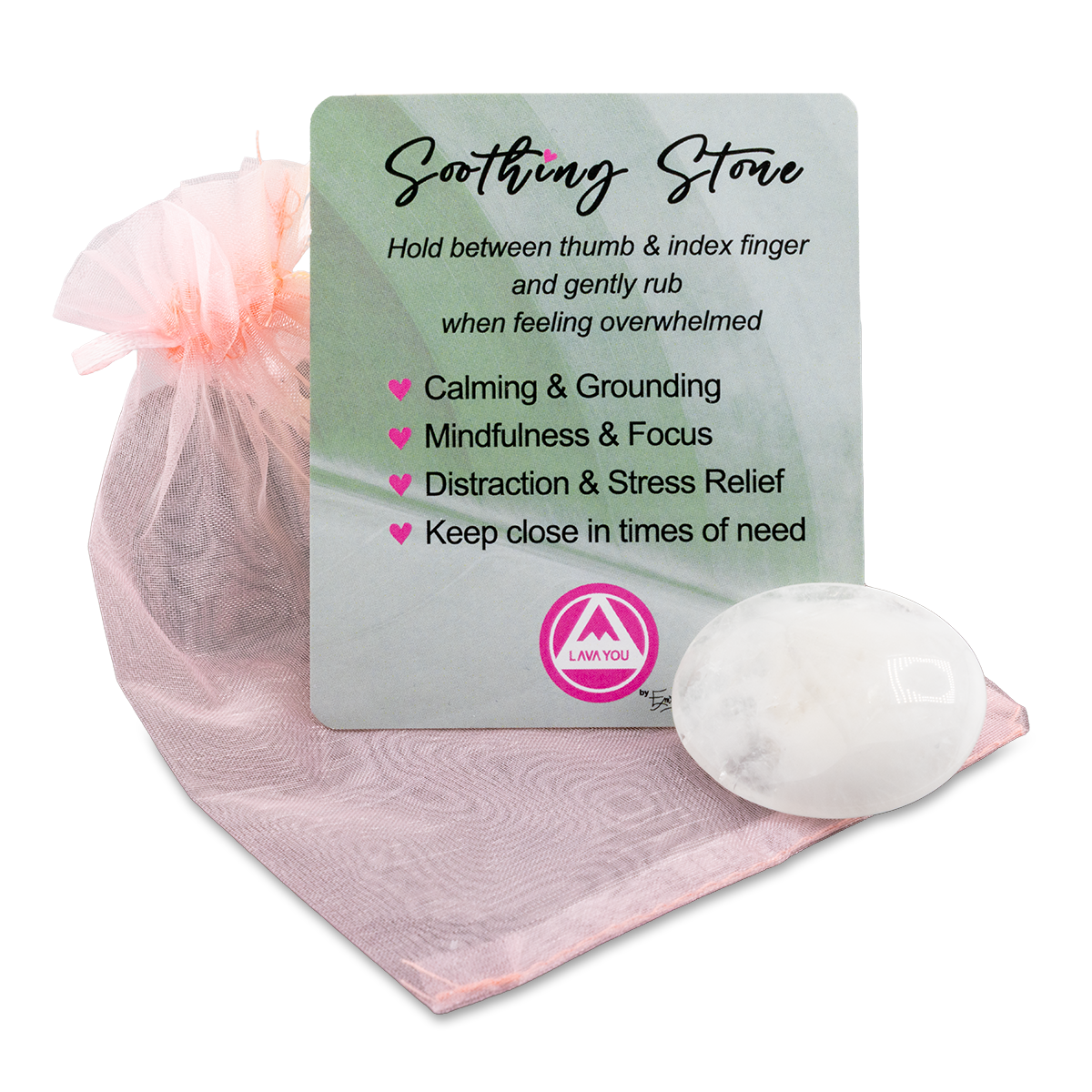 Soothing stone with packaging and card on a white background