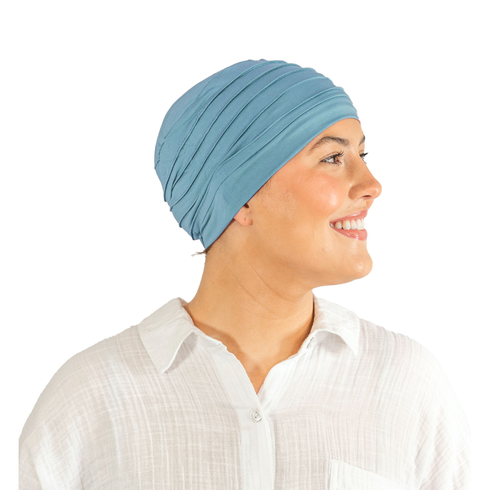 Woman wearing a light blue headscarf on a white background