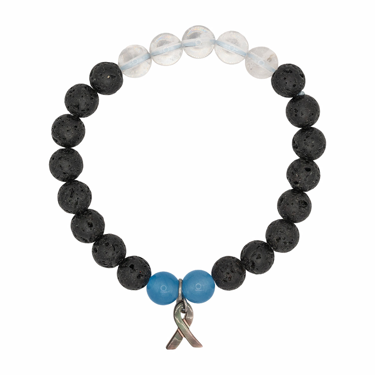 Bracelet with black beads, blue bead, and silver ribbon charm on a white background
