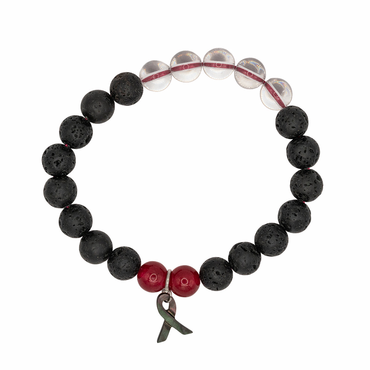 Black beaded bracelet with a red and gray ribbon charm on a white background