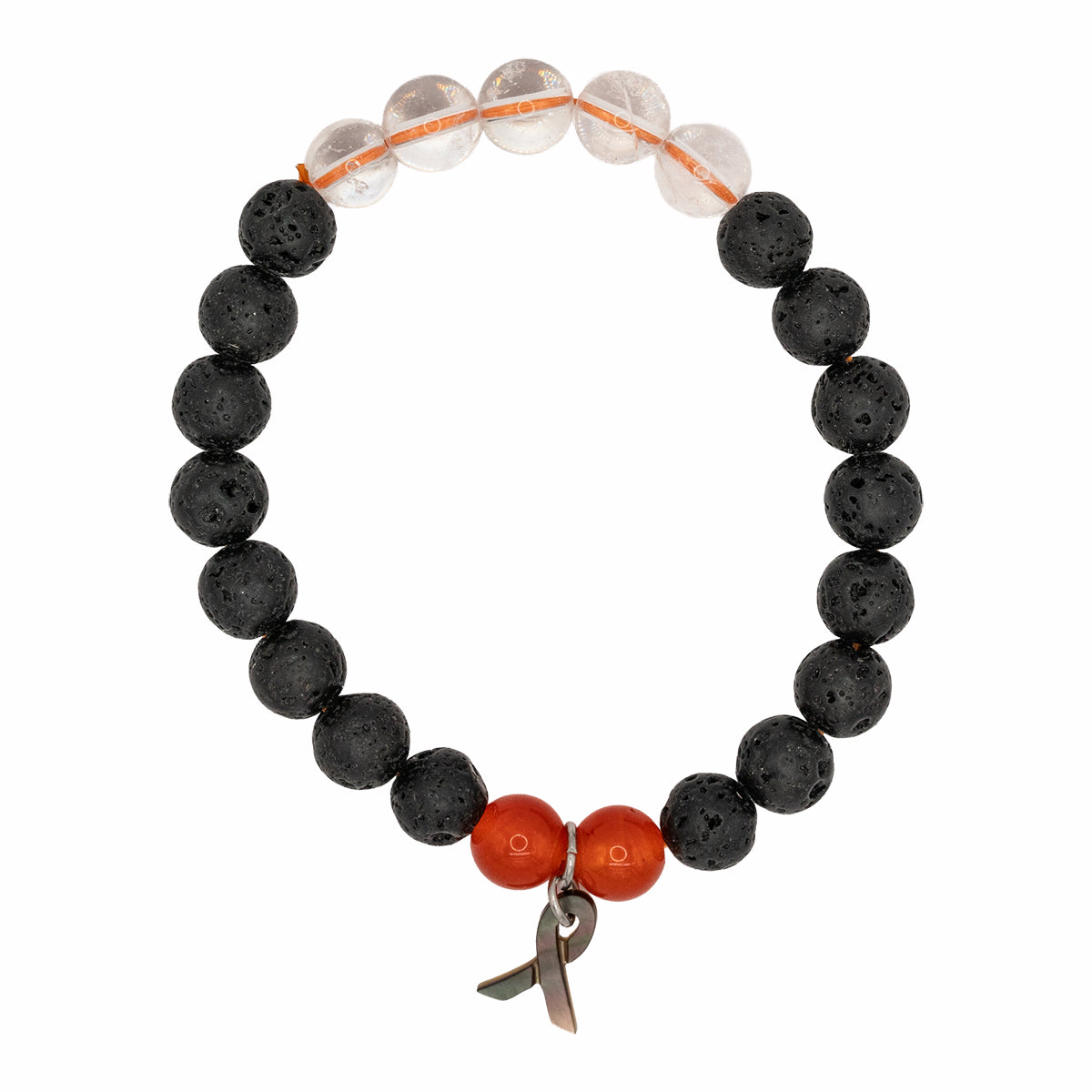 Black beaded bracelet with orange beads and a silver charm on a white background