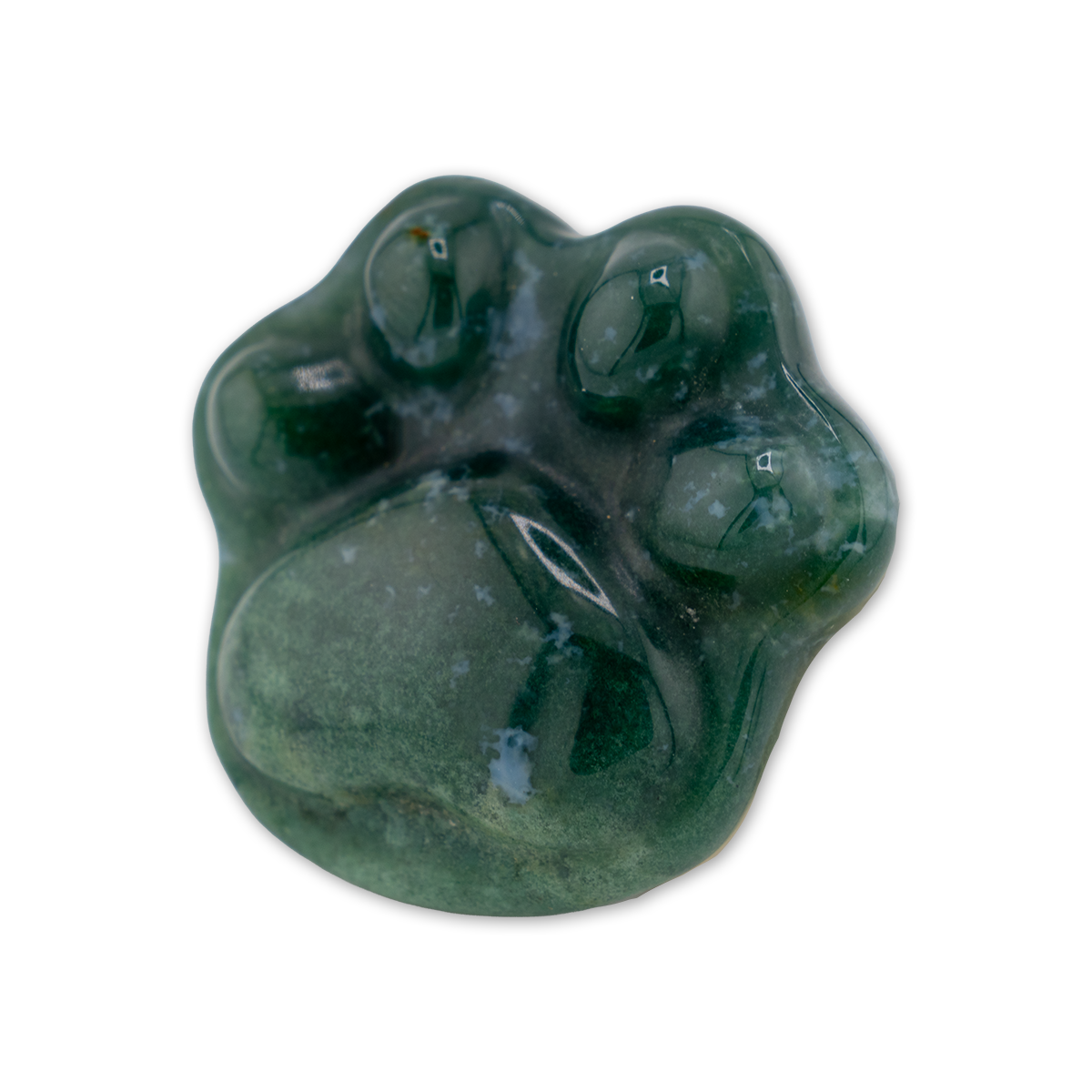 Green stone with a paw print shape on a white background