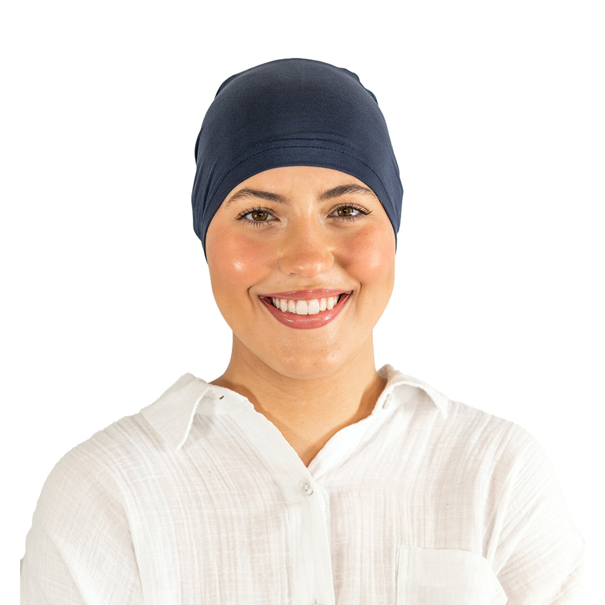 Woman wearing a navy blue headscarf on a white background