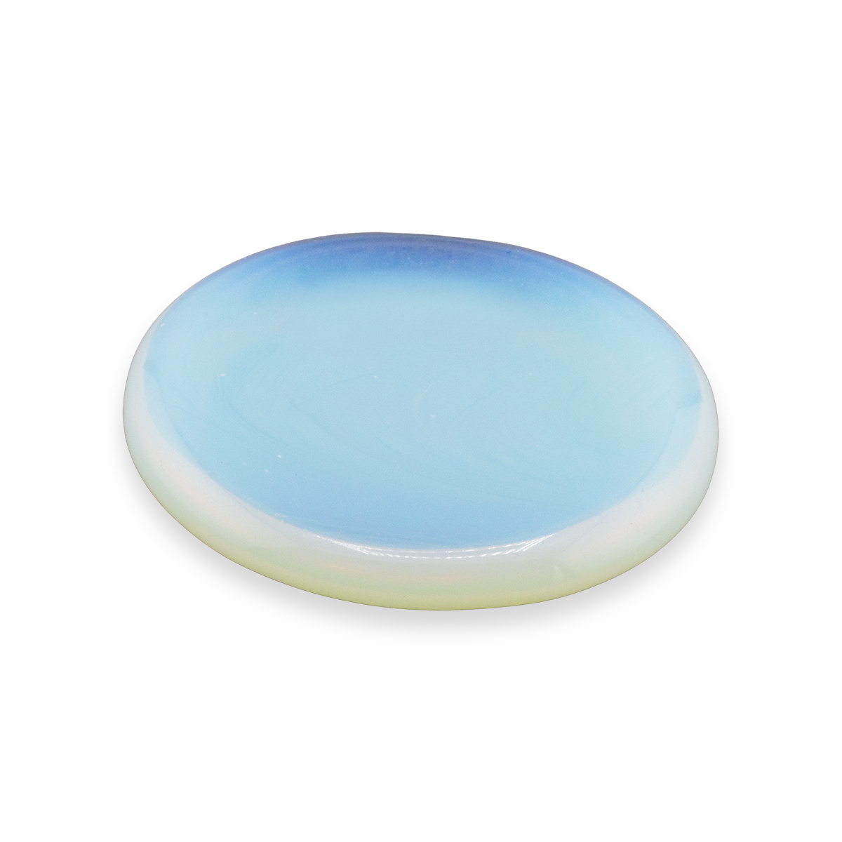 Round, light blue stone on a white background