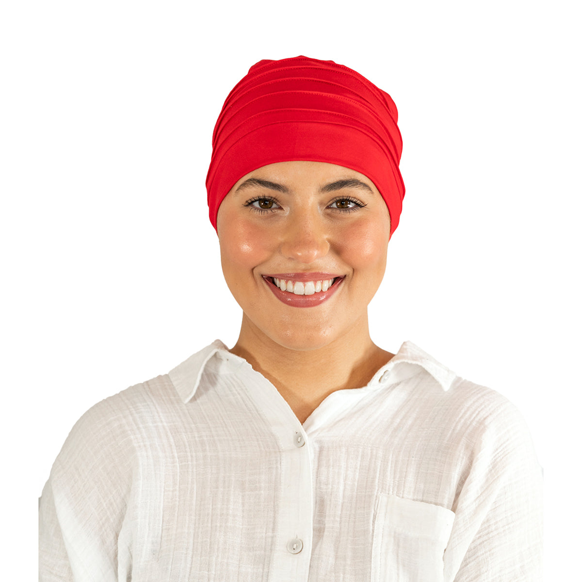 Person wearing a red headscarf and white shirt on a white background