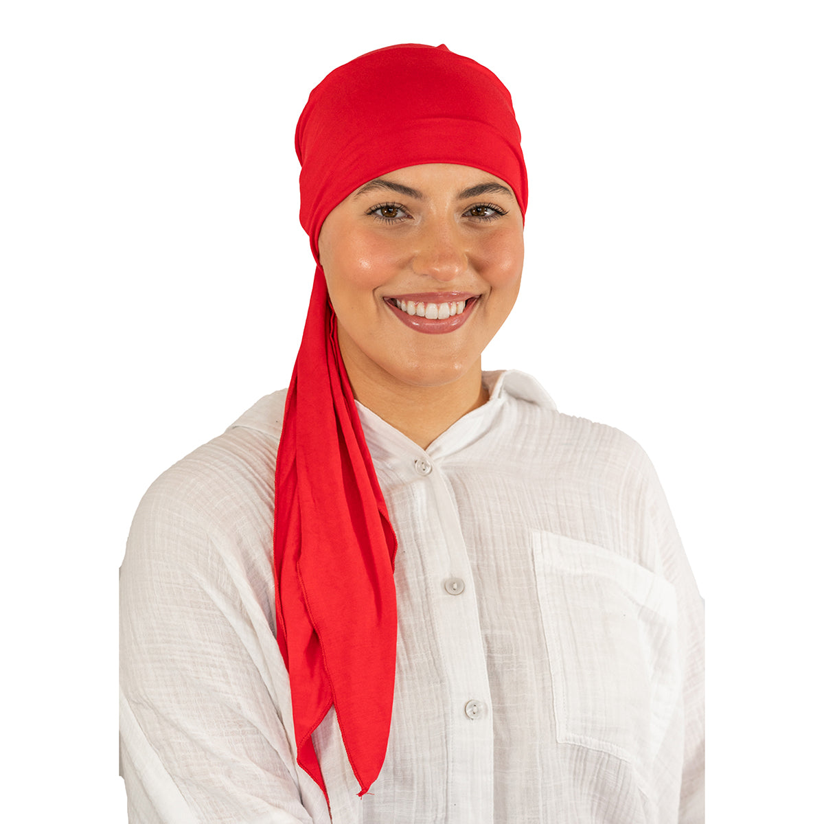 Person wearing a red headscarf on a white background