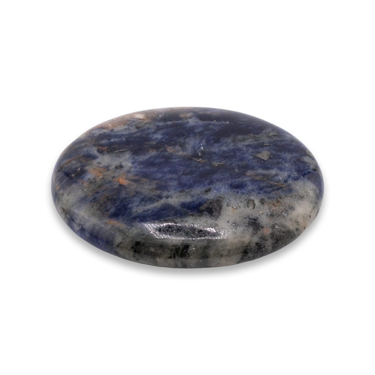 Round stone with blue and gray patterns on a white background
