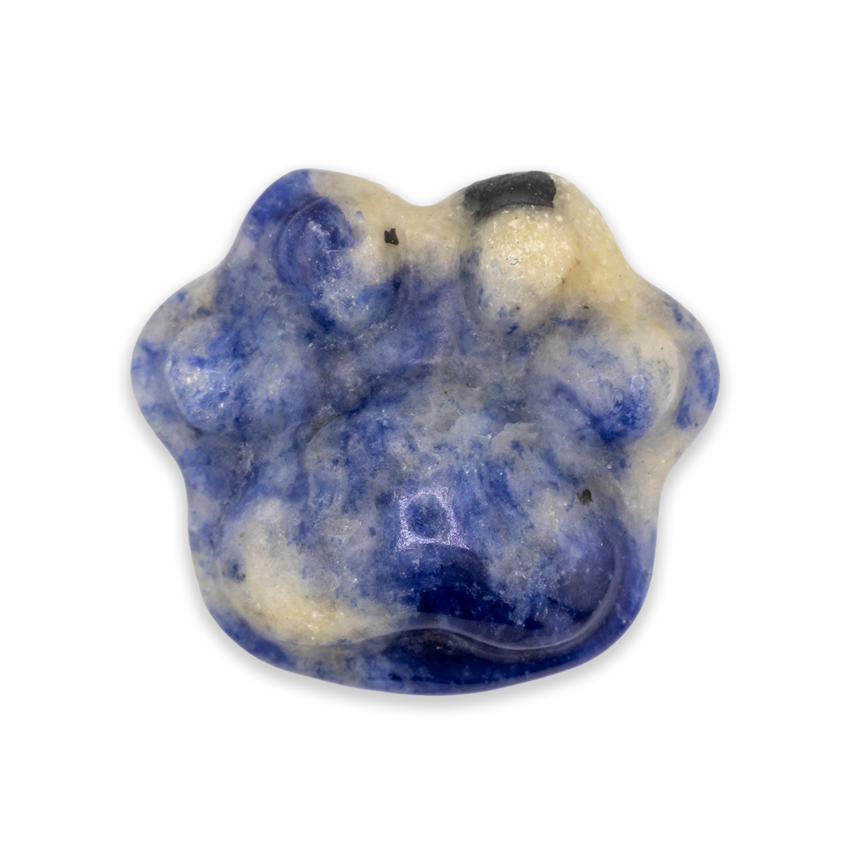Blue and white paw-shaped stone on a white background