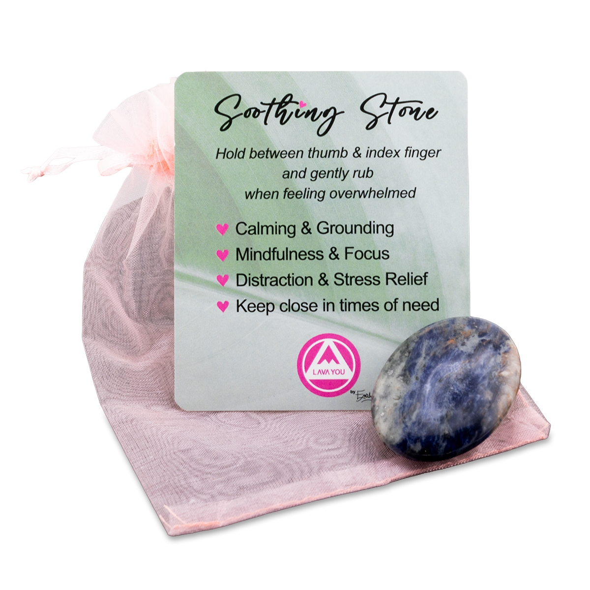 Soothing stone with a card explaining its uses on a pink cloth