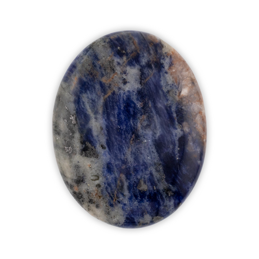 Oval-shaped stone with blue and brown patterns on a white background