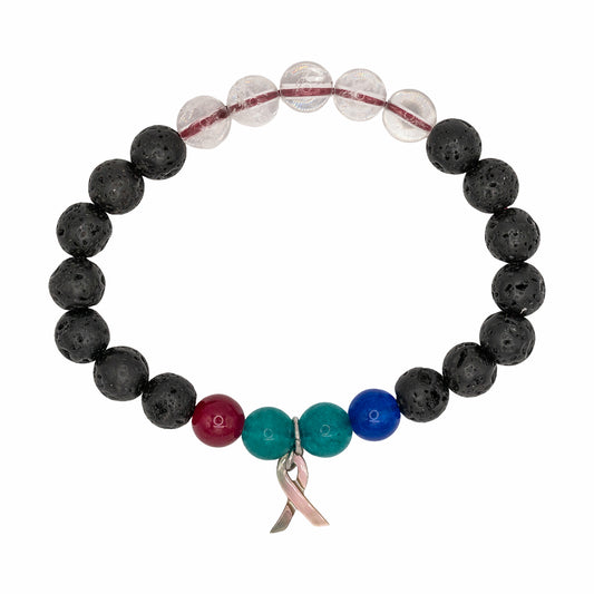 Bracelet with black beads, colorful beads, and a pink ribbon charm on a white background
