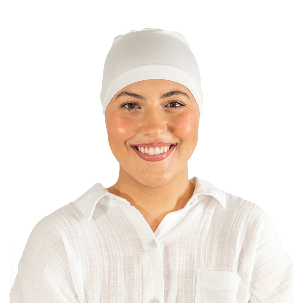 Woman wearing a white headscarf and shirt on a white background