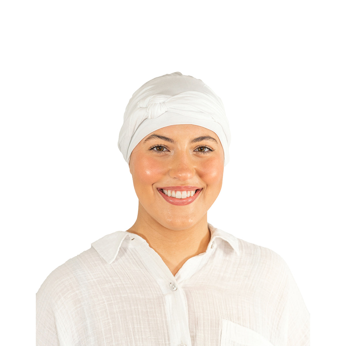 Woman wearing a white headscarf and shirt on a white background