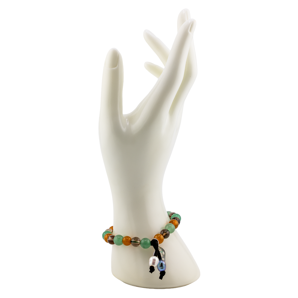 Beaded bracelet with a black charm on a white mannequin hand