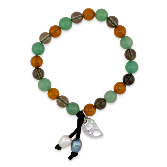 Multicolored beaded bracelet with a silver charm on a white background